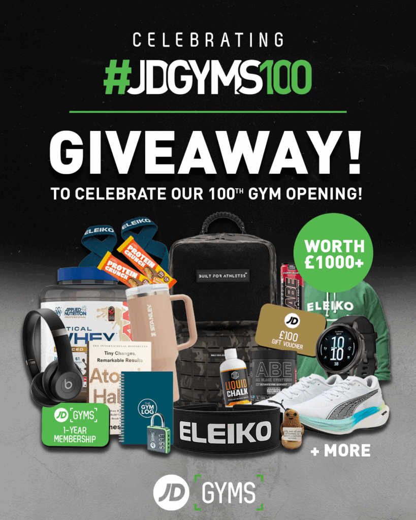 Poster promoting the JD Gyms 100 giveaway, showcasing the products included. There are Beats headphones, a Built for Athletes backpack, £100 JD Sports voucher, trainers, and Eleiko-branded training gear.